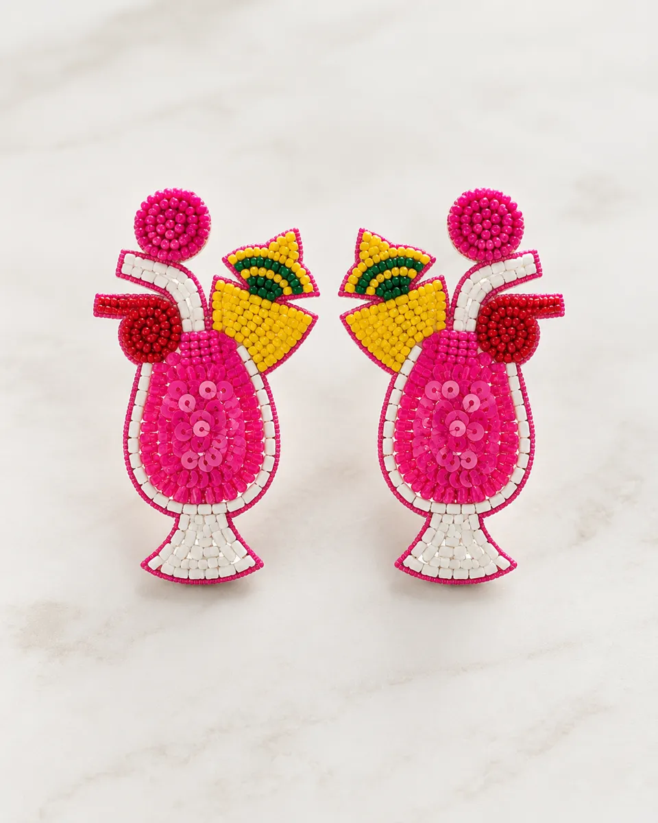 Pink Tropical Cocktail Beaded Statement Earrings